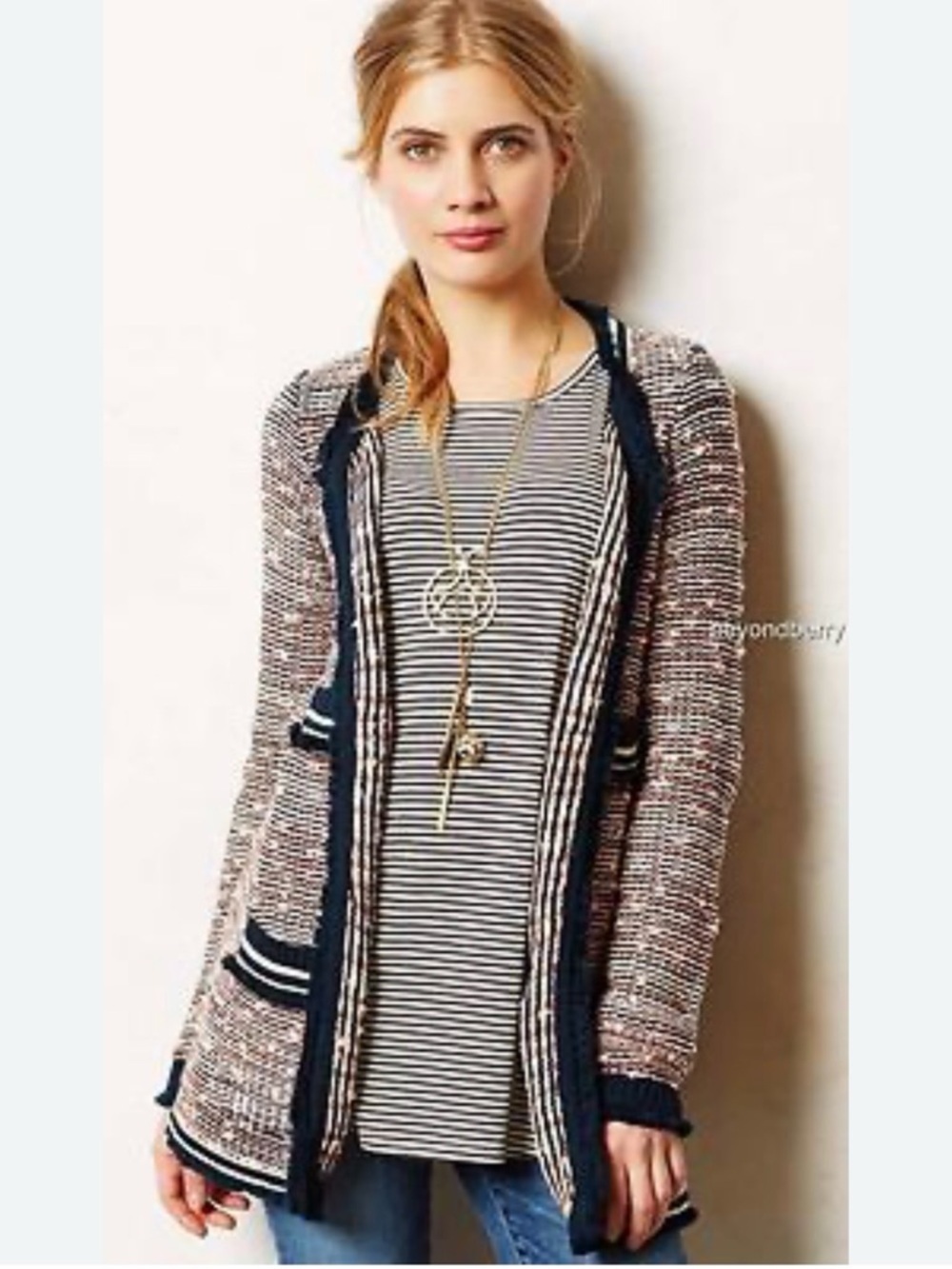 Anthropologie Moth Grafted Knit Cardigan Fringe Trim Open Front Size M